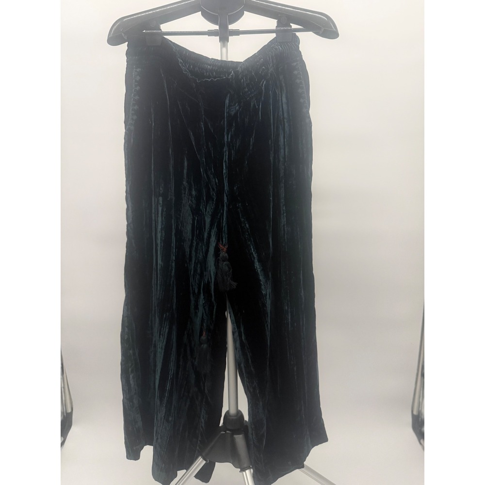 Hei Hei Anthropologie Teal Crushed Velour Wide Leg Smocked Tassel Pants‎ L